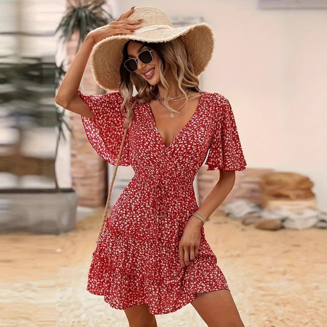 Damen Minimales Wickelkleid mit schwingendem Saum und V-Ausschnitt