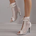 Damen Netz-Stiefeletten mit eleganter Schnürung und hohem Absatz R&B