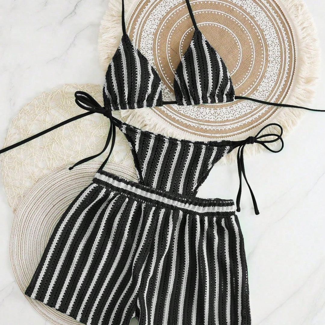 Damen Bikini-Set mit gerafftem Oberteil und hoch taillierten Shorts R&B
