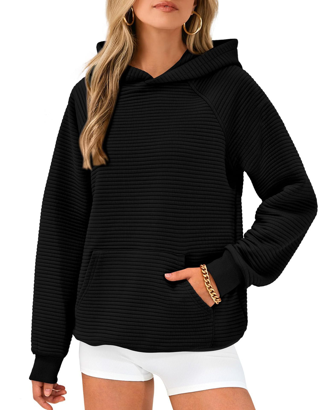 Damen Kuscheliger Waffelpullover mit Kapuze und Kängurutasche R&B