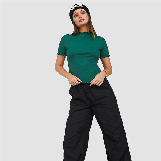 Damen kurzärmliges Ripp-T-Shirt mit lässigem Saum R&B