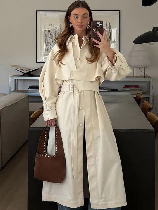 Damen Langer Trenchcoat mit breitem Kragen und taillierbarem Gürtel R&B
