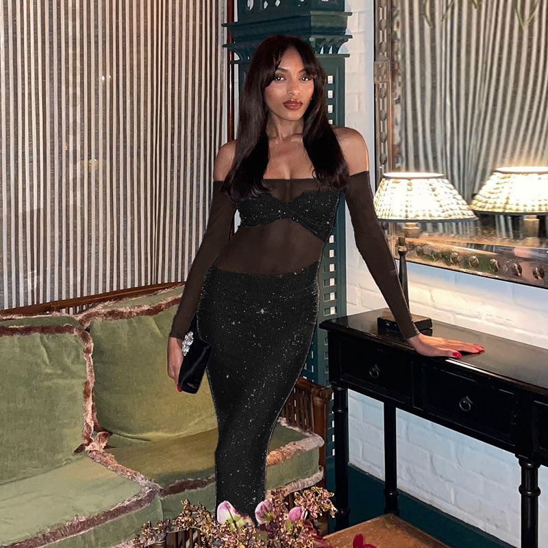 Damen schickes Abendkleid mit transparenten Ärmeln und Pailletten R&B