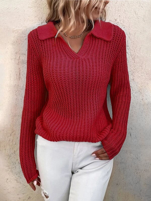 Damen V-Ausschnitt Strickpullover mit Kragen R&B