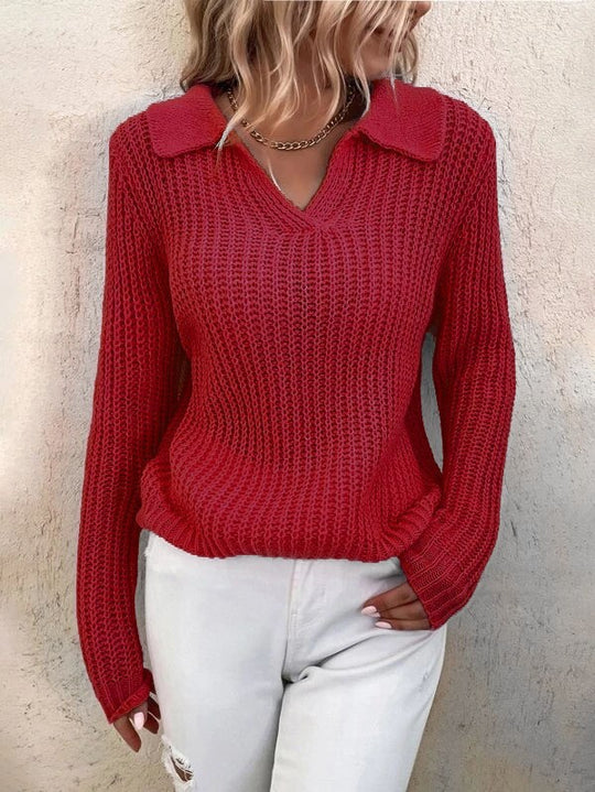 Damen V-Ausschnitt Strickpullover mit Kragen R&B