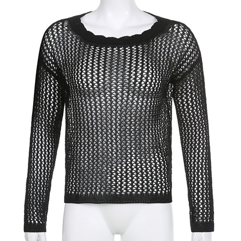 Damen luftiger Strickpullover mit feinem Netzmuster R&B
