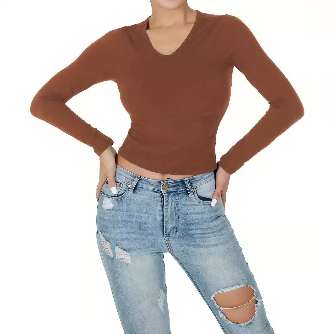 Damen Langarmshirt mit figurbetonter Passform und V-Ausschnitt R&B
