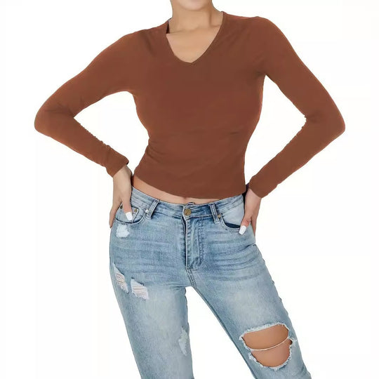 Damen Langarmshirt mit figurbetonter Passform und V-Ausschnitt R&B