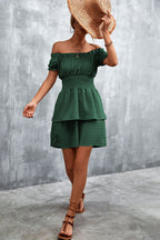 Damen Off-Shoulder Sommerkleid mit rüschenförmigem Saum und elastischem Taillenbund R&B
