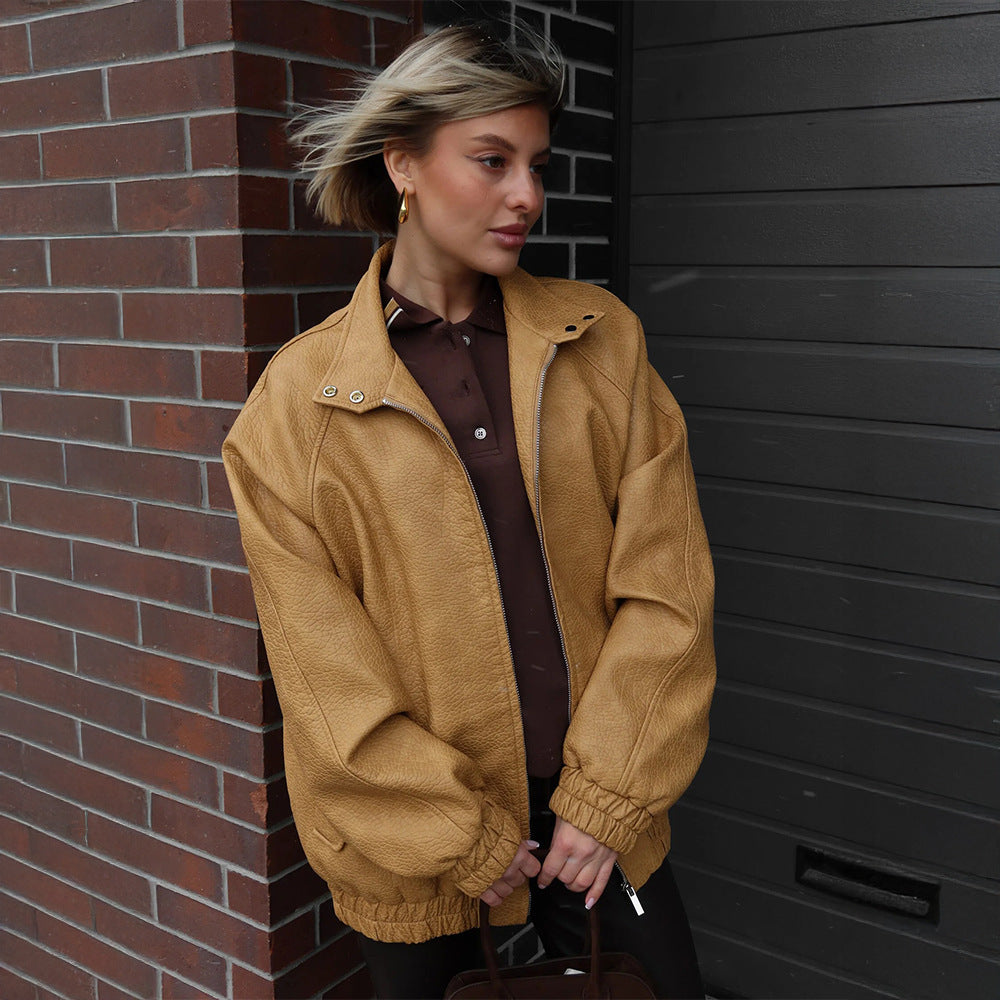 Damen Modische Kunstlederjacke mit lässigem Schnitt R&B