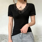Damen Elegantes Spitzen-T-Shirt mit V-Ausschnitt und Kurzarm R&B