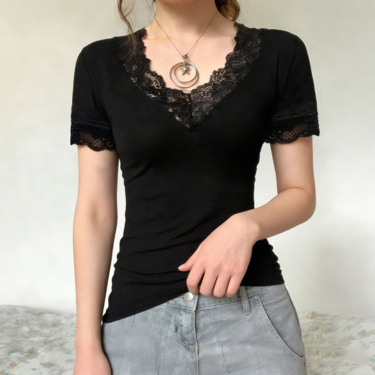 Damen Elegantes Spitzen-T-Shirt mit V-Ausschnitt und Kurzarm R&B