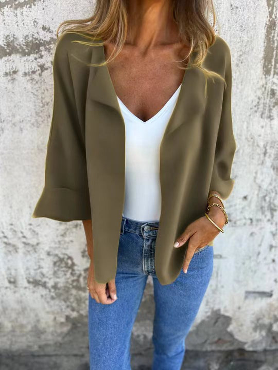 Damen nan legerer offener Strickcardigan mit Schalkragen krempelbaren Ärmeln und kastiger Silhouette R&B