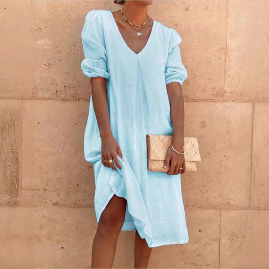 Damen lässiges Leinenkleid mit V-Ausschnitt und Puffärmeln R&B