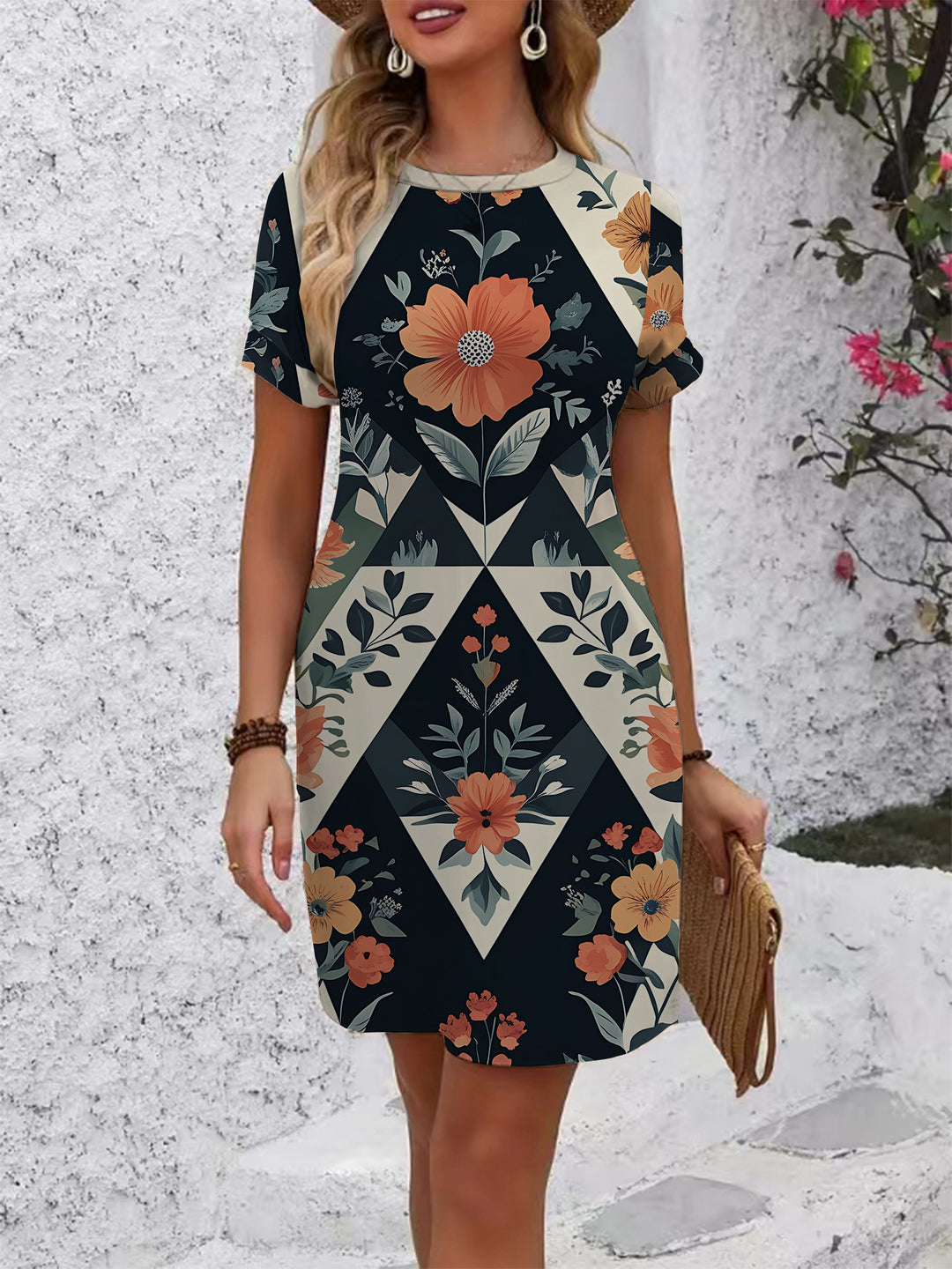Damen lässiges Kurzarmkleid mit modernem Hahnentrittmuster und bequemer Passform R&B