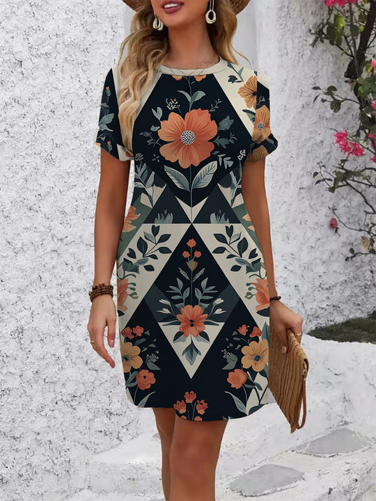 Damen lässiges Kurzarmkleid mit modernem Hahnentrittmuster und bequemer Passform R&B