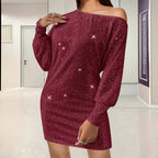Damen Funkelndes Minikleid mit asymmetrischem Ausschnitt und Ballonärmeln R&B