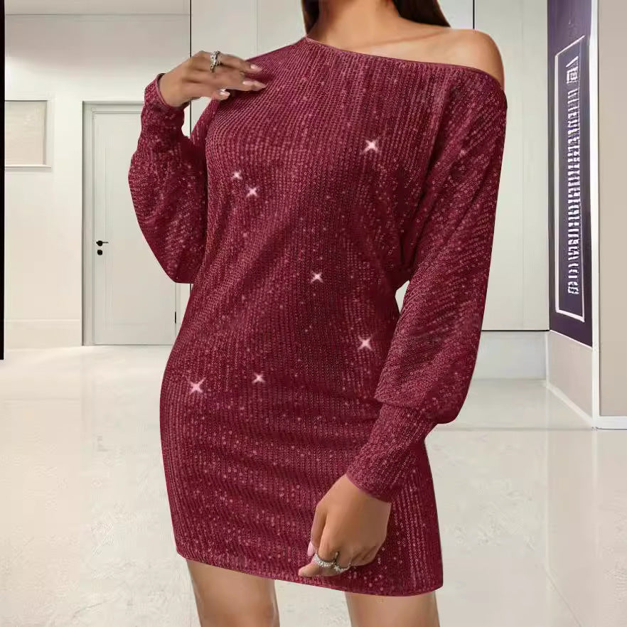 Damen Funkelndes Minikleid mit asymmetrischem Ausschnitt und Ballonärmeln R&B