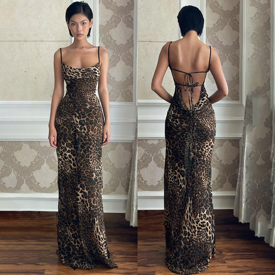 Damen Maxikleid mit elegantem Leopardenprint und offenem Rückenteil R&B