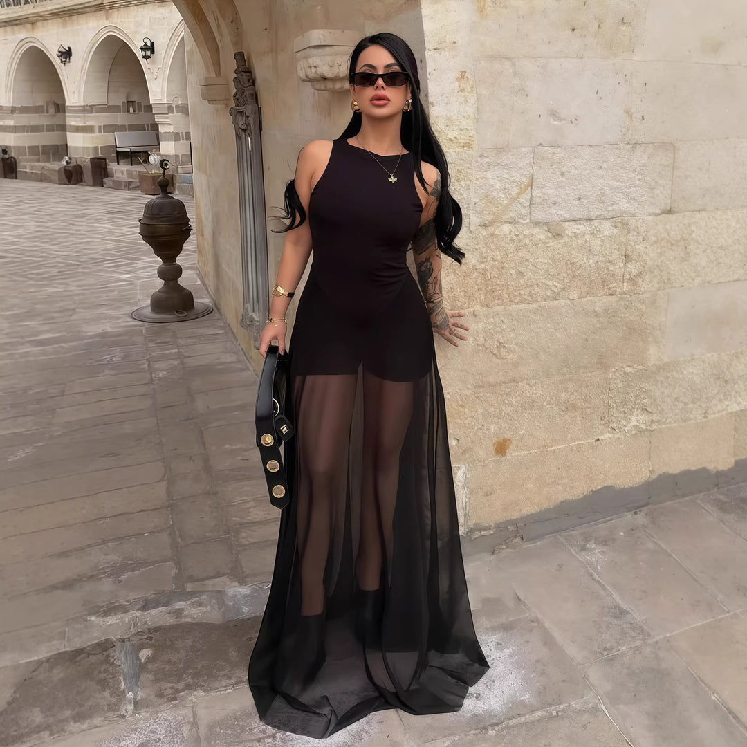Damen Elegantes Maxi-Kleid mit transparentem Chiffon-Überwurf und figurbetontem Inneren R&B