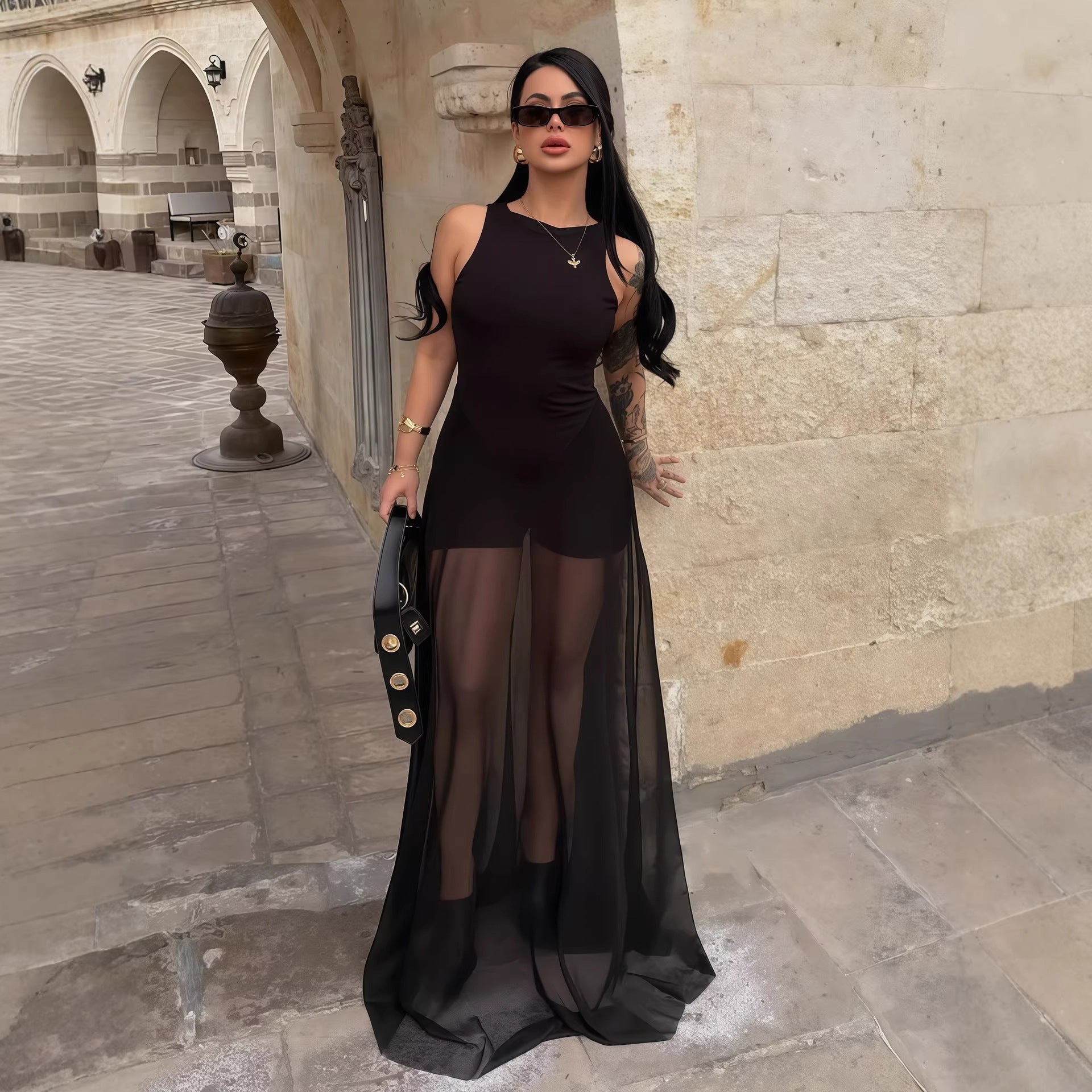 Damen Elegantes Maxi-Kleid mit transparentem Chiffon-Überwurf und figurbetontem Inneren R&B