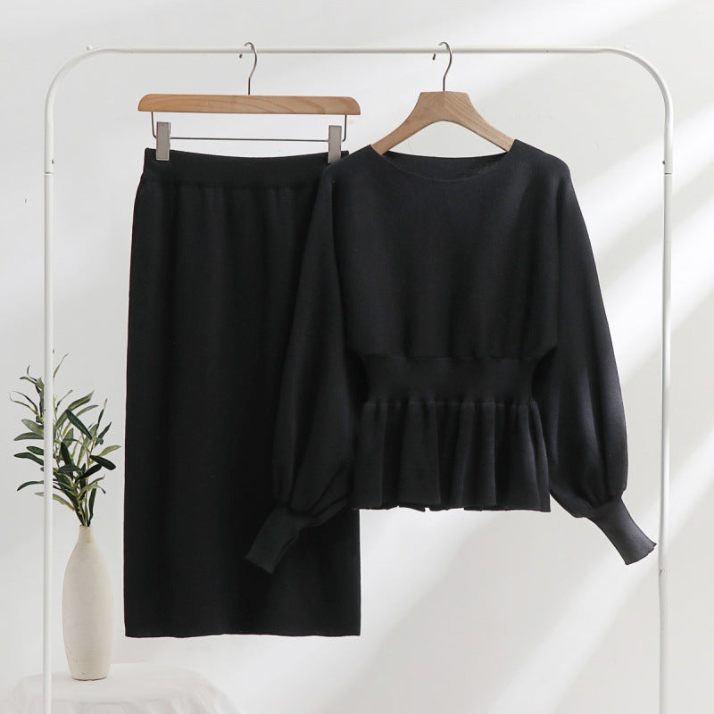 Damen elegantes Strickensemble mit Raffung und Ballonärmeln R&B