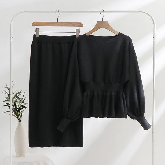 Damen elegantes Strickensemble mit Raffung und Ballonärmeln R&B