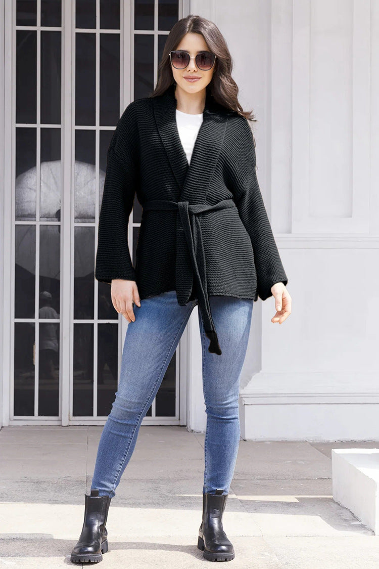 Damen Strickjacke mit Bindegürtel und lässigem Schnitt R&B
