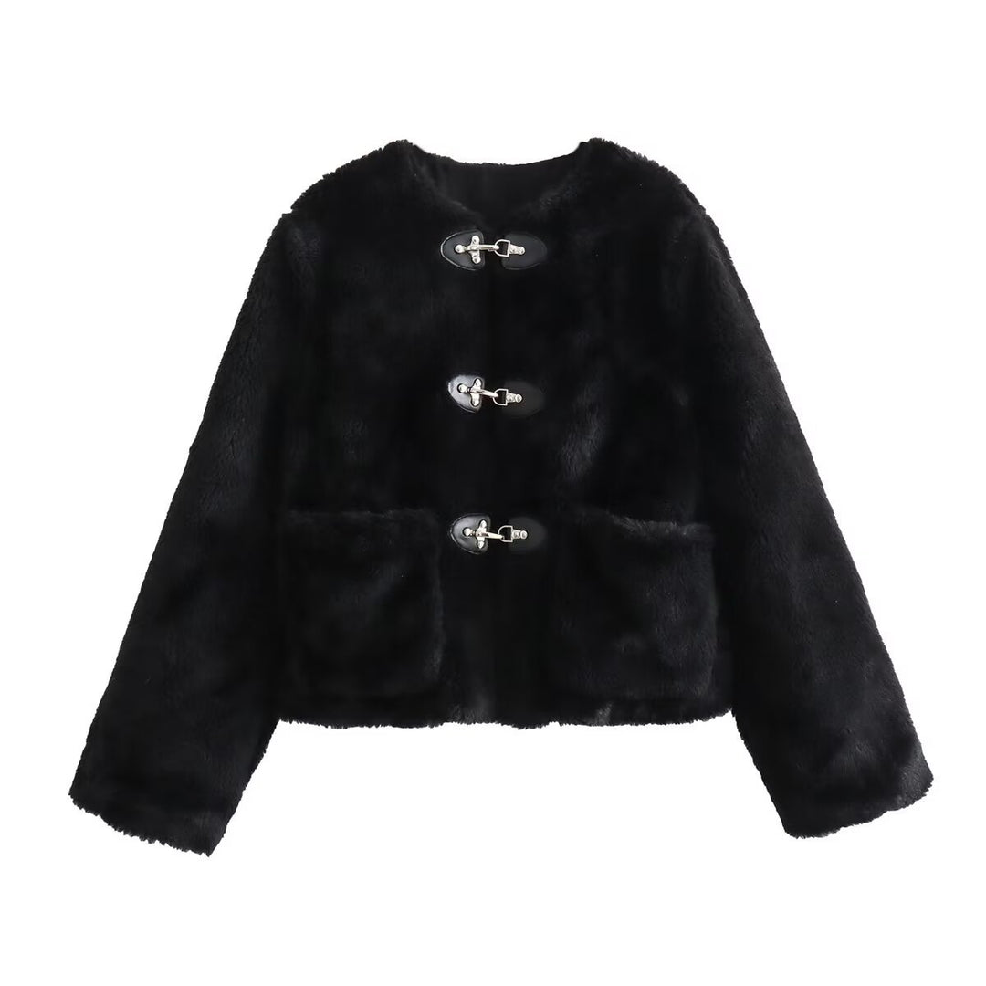 Damen kuschelige Fleecejacke mit dekorativen Knöpfen R&B