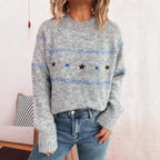 Damen Strickpullover mit buntem Stickdesign und weiten Ärmeln R&B