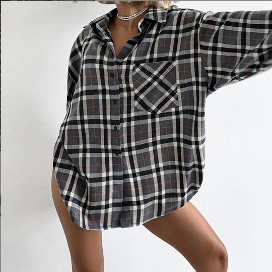 Damen lässige Flanell-Hemdbluse mit Übergröße und Karomuster R&B