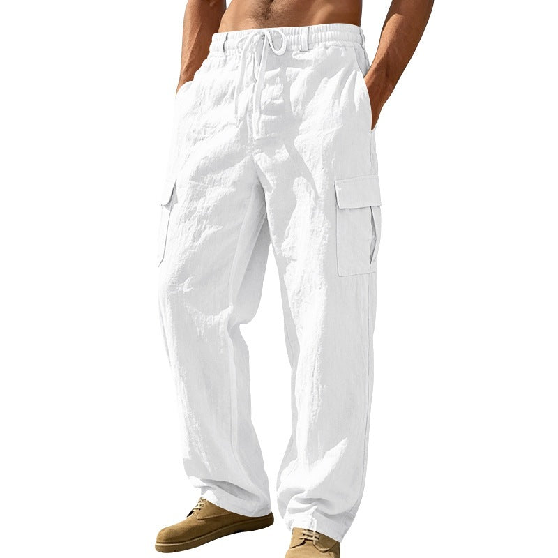 Herren nan entspannt geschnittene Strand-Cargohose aus Leinenblend mit elastischem Tunnelzug und zweifacher Klapptasche R&B