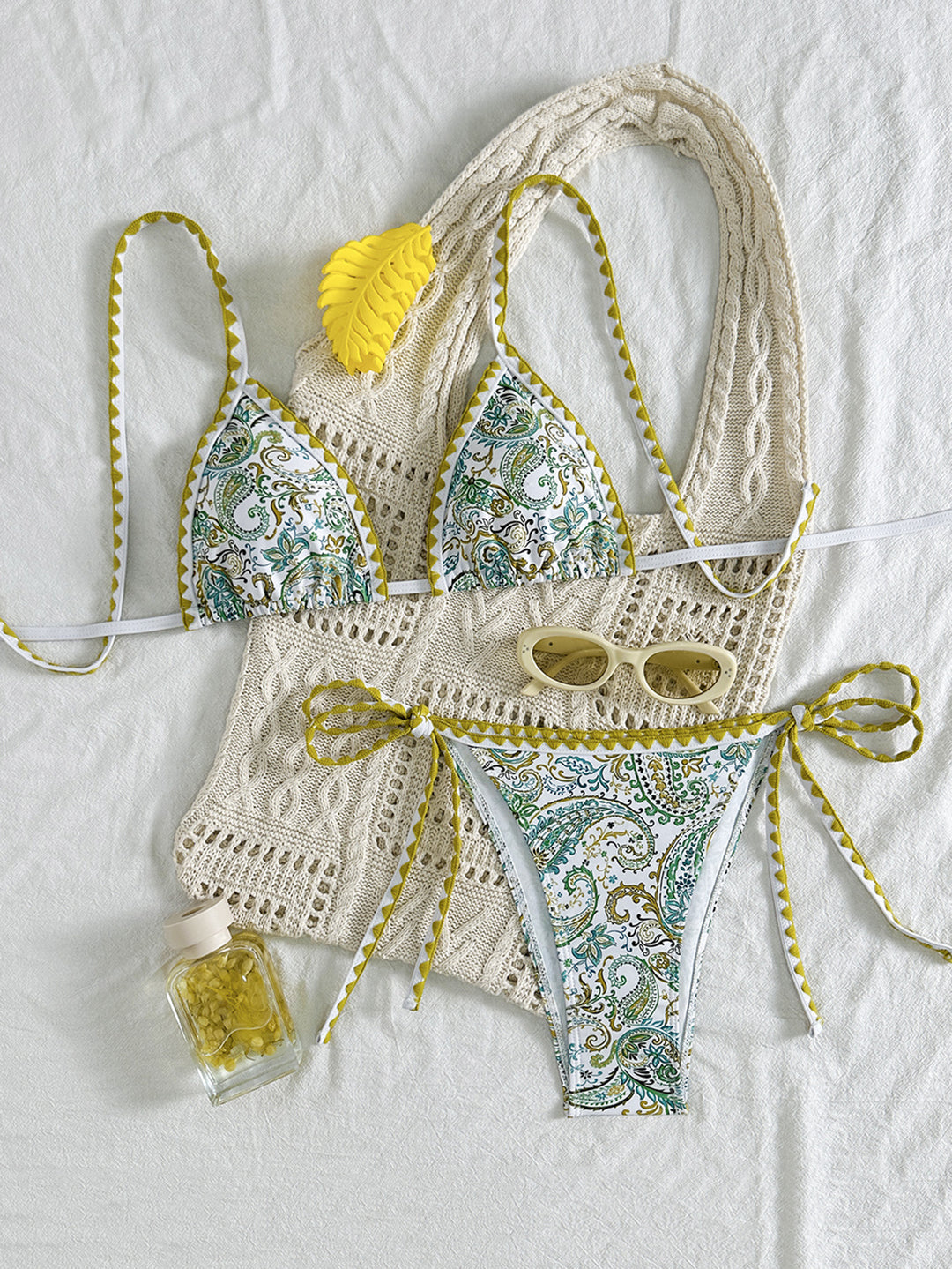 Damen Triangel-Bikini mit modischem Paisleymuster und eleganter Häkeloptik R&B