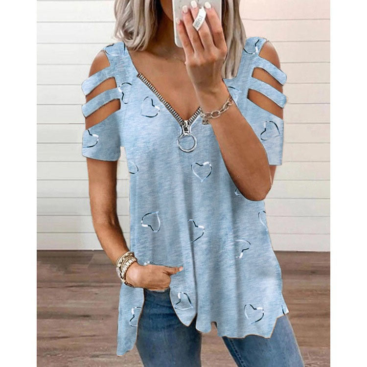 Damen V-Ausschnitt T-Shirt mit Cut-Outs und Herzdesign R&B