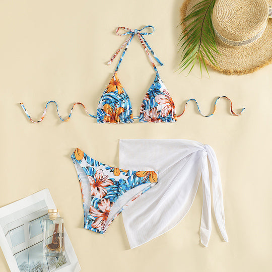 Damen Triangel-Bikini-Set mit floralem Muster und lässigem Tuch R&B