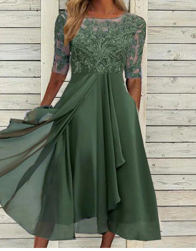Damen Elegantes Midikleid mit Spitzenärmeln und schwingendem Rock R&B