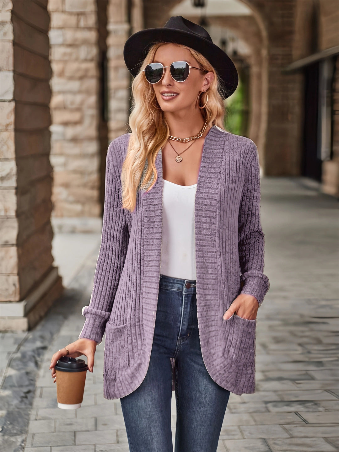Damen offene Strickjacke mit strukturierter Oberfläche und praktischen Taschen R&B