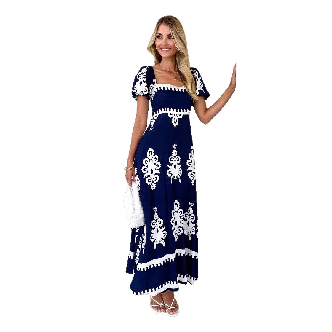 Damen Maxikleid mit elegantem quadratischen Ausschnitt und verspielten Puffärmeln R&B