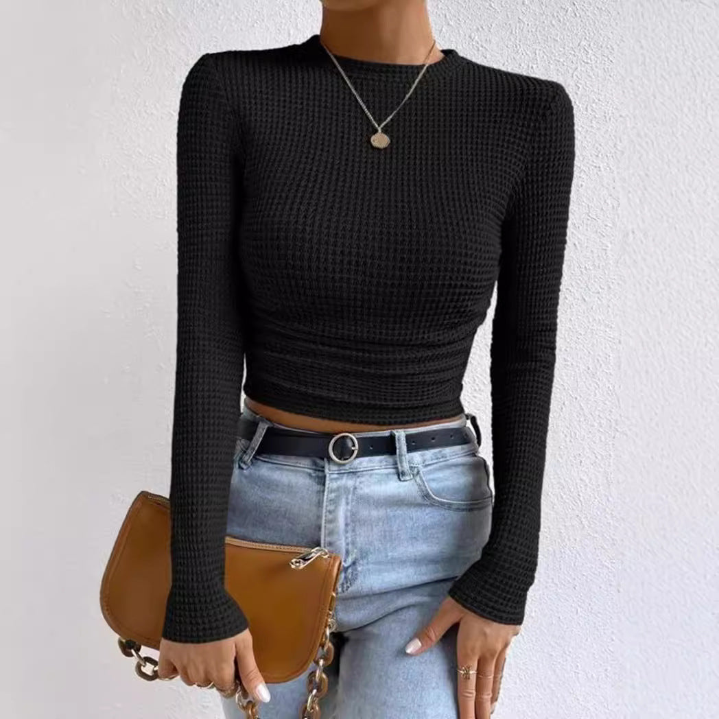 R&B | Langarm T Shirt Slim Passform Weicher Strukturstrick Rüschentasche Kurzes Modell