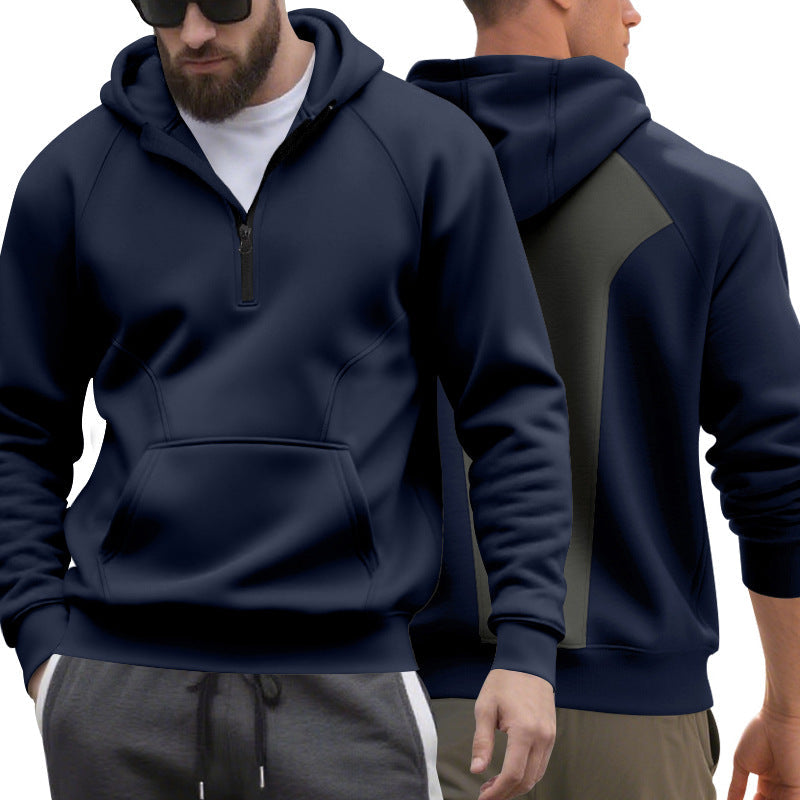 Herren nan Halbzip-Kapuzenpullover im minimalistischen Softshell-Look mit Kängurutasche und Raglanärmeln R&B