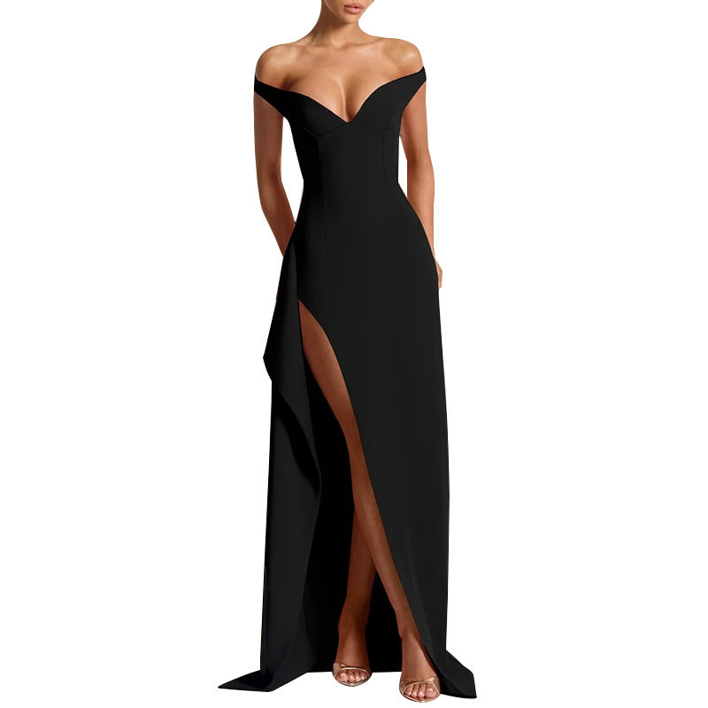 Damen elegantes schulterfreies Abendkleid mit hoher Schlitze und V-Ausschnitt R&B