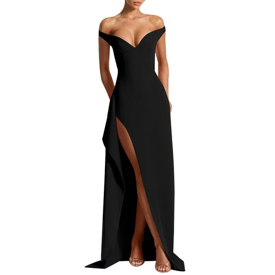 Damen elegantes schulterfreies Abendkleid mit hoher Schlitze und V-Ausschnitt R&B