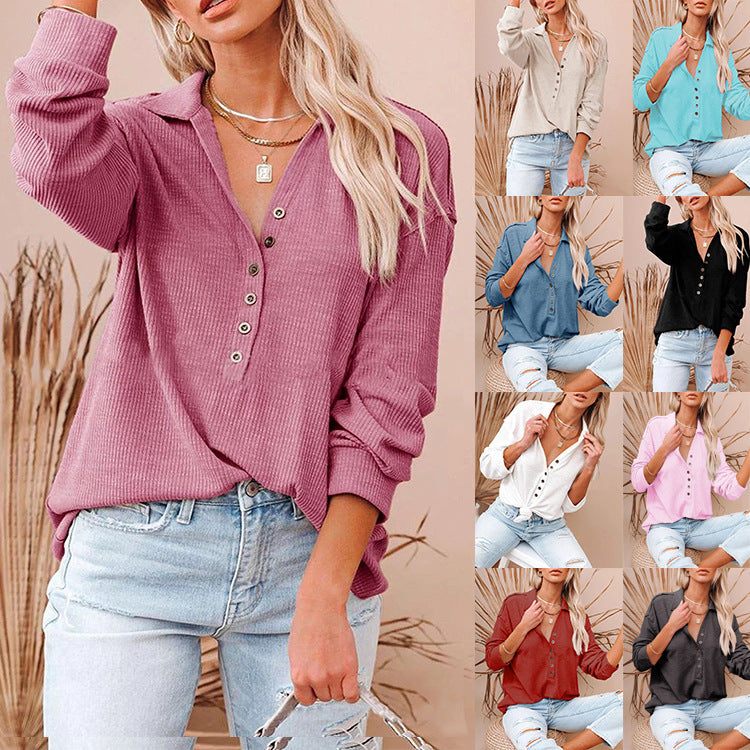 Damen nan lässiges Waffel-Polohemd mit Henley-Knopfleiste und überschnittener Schulter R&B