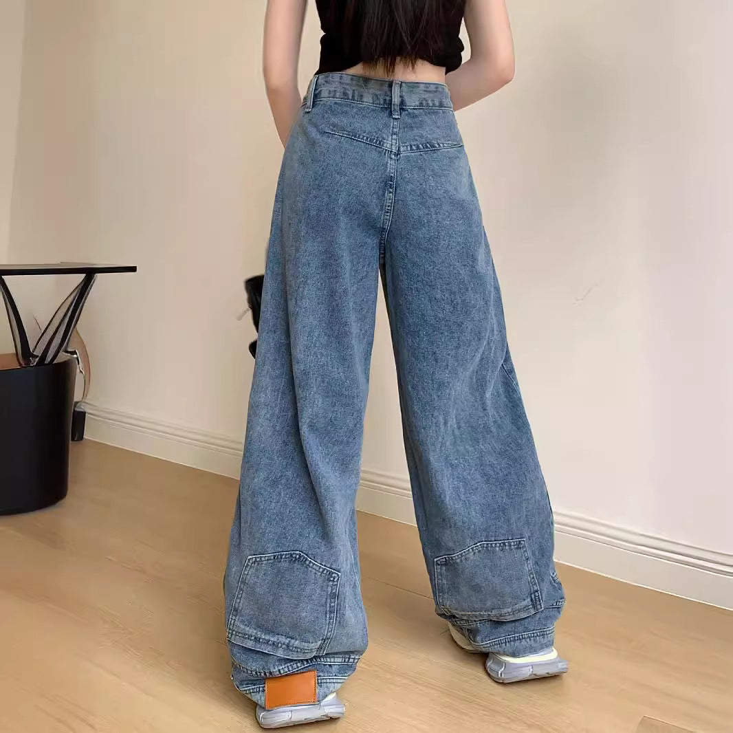 Damen Weite Denim-Hose mit hohem Taillenbund und lässigem Schnitt R&B