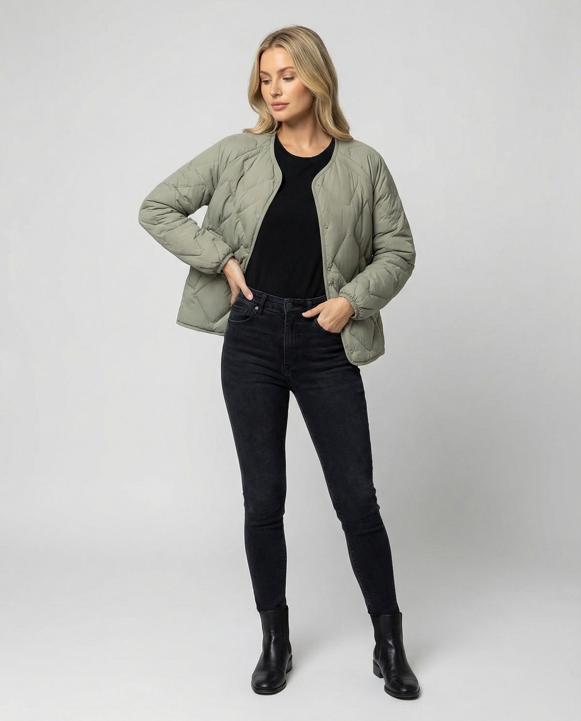 Damen Leichtdaunenjacke Kurz Modisch Rundhals Warme Steppjacke Winter