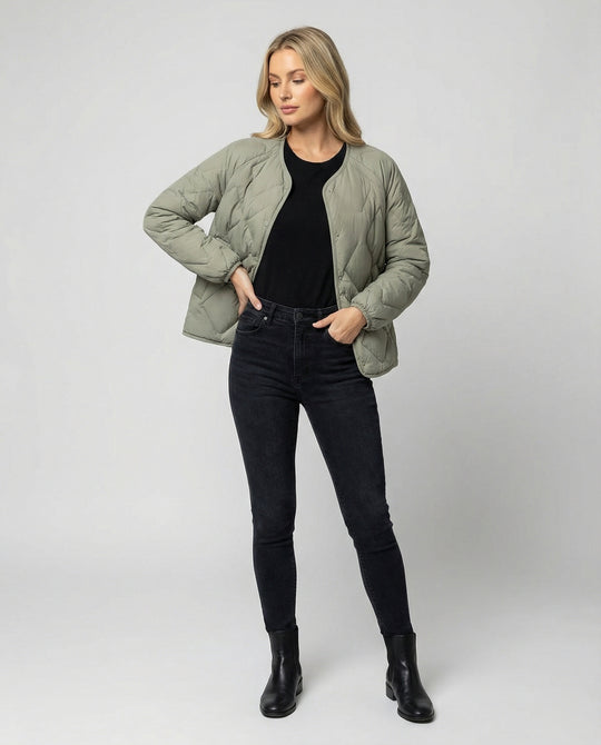 Damen Leichtdaunenjacke Kurz Modisch Rundhals Warme Steppjacke Winter