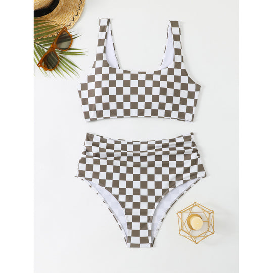 Damen Bikini-Set mit modischem Karomuster und hohem Taillenschnitt R&B