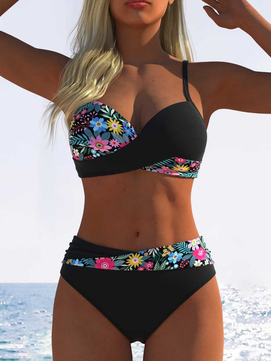 Damen Bikini-Set mit floralem Wickelmuster und bequemen High-Waist-Höschen R&B