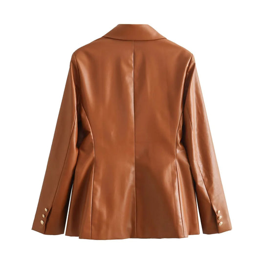 Damen elegante Kunstleder-Blazerjacke mit doppelter Knopfleiste und goldenen Akzenten R&B