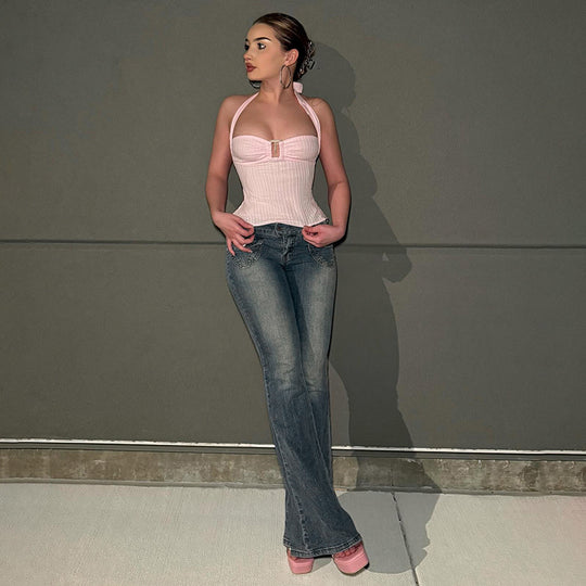 Damen Flared Jeans im klassischen Schnitt mit dekorativen Taschen R&B